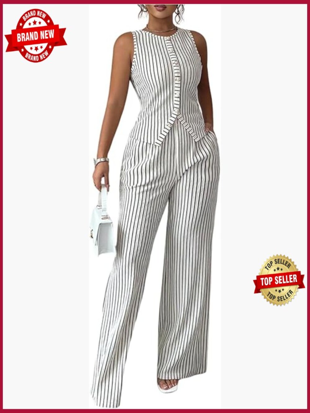 2 Piece Office Set Striped Button Down Tank Top Wide Leg Pants Suit